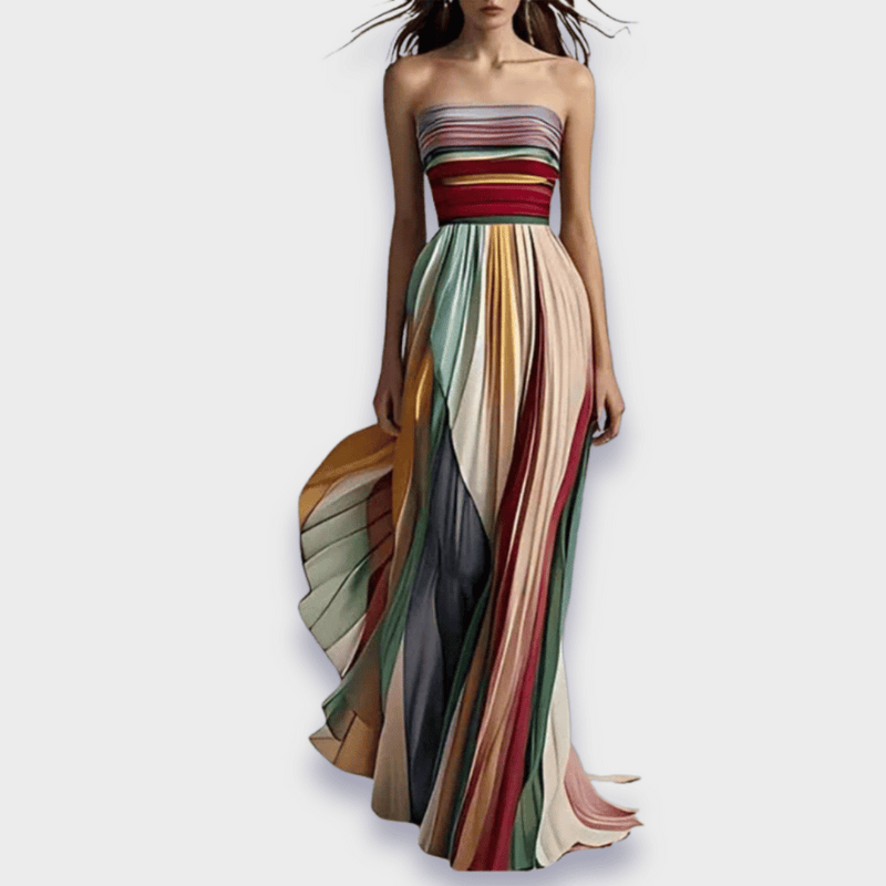 Strapless Maxi Dress for women - Striped Bodice Pleated Draped Skirt - Image 1