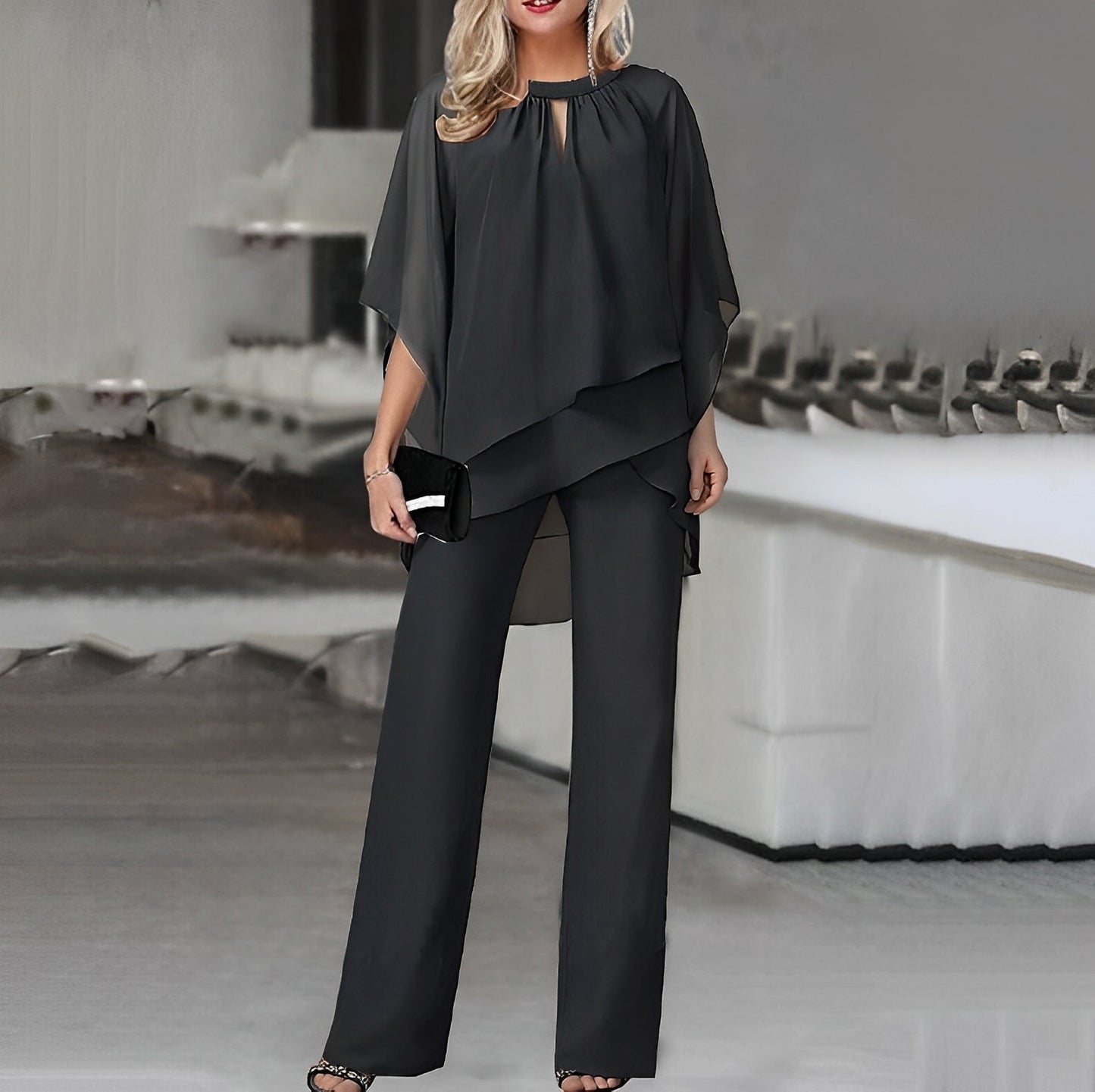 Wide Leg Pant Suit for Women - Overlay Top Keyhole Neck - Image 2