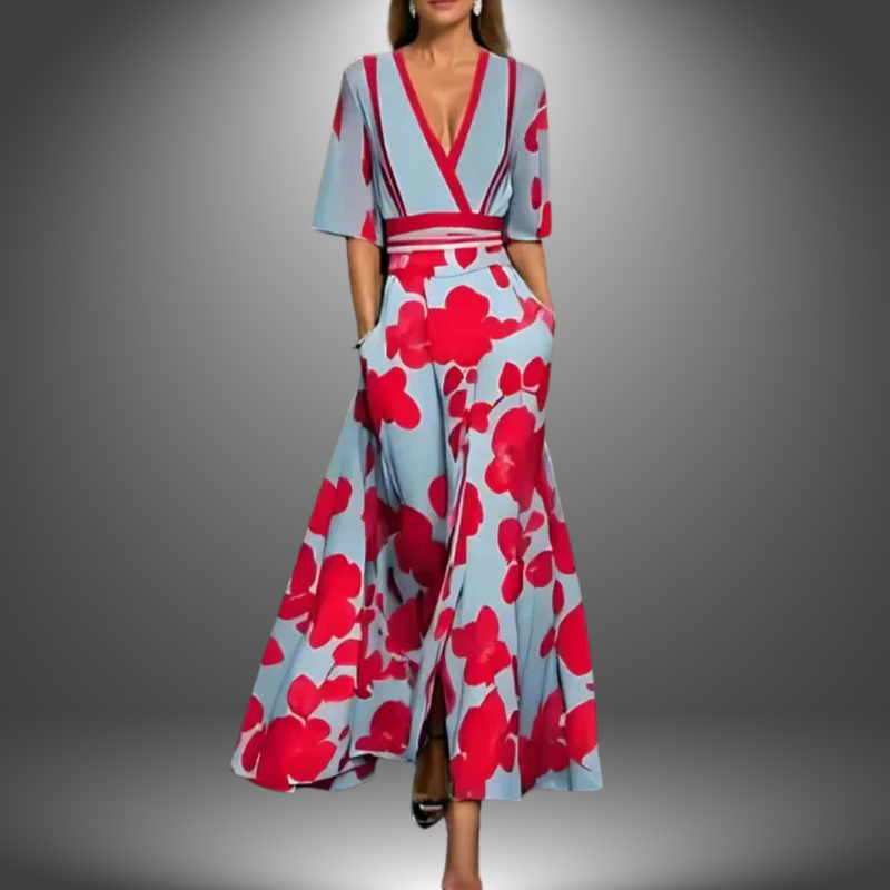 Floral Wrap Maxi Dress for women - V-Neck Elbow Sleeve - High Slit Pockets - Image 1