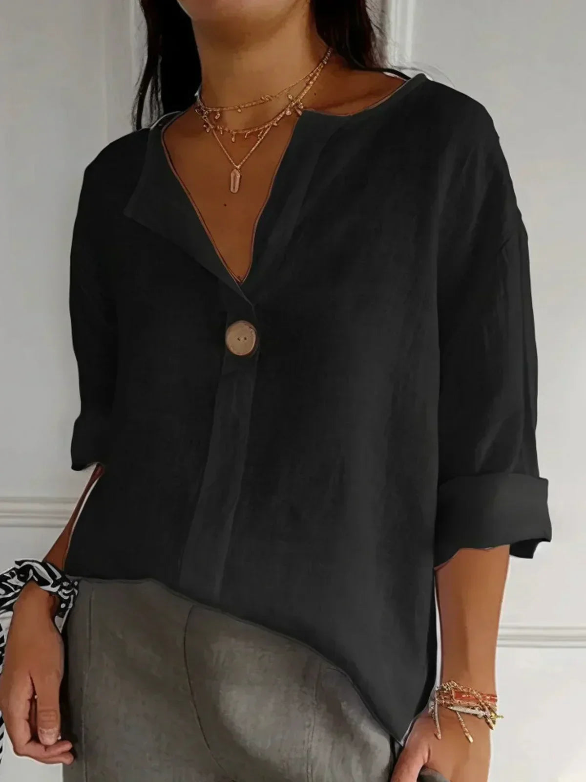 Button-Down Blouse for women - V-Neck Roll Sleeve - Oversized Relaxed Fit - Image 5