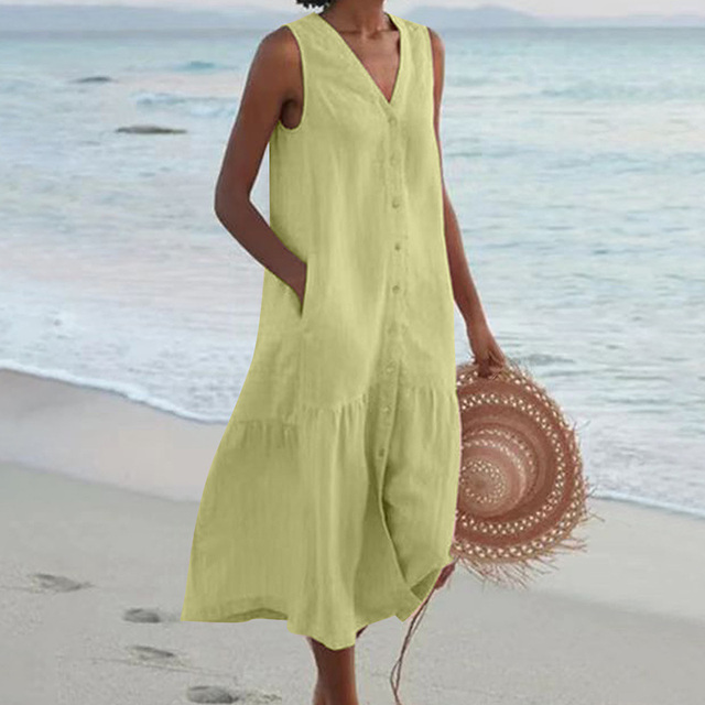Sleeveless Button Front Midi Dress for women - V-Neck - Tiered Skirt Pocket Relaxed Fit - Image 6