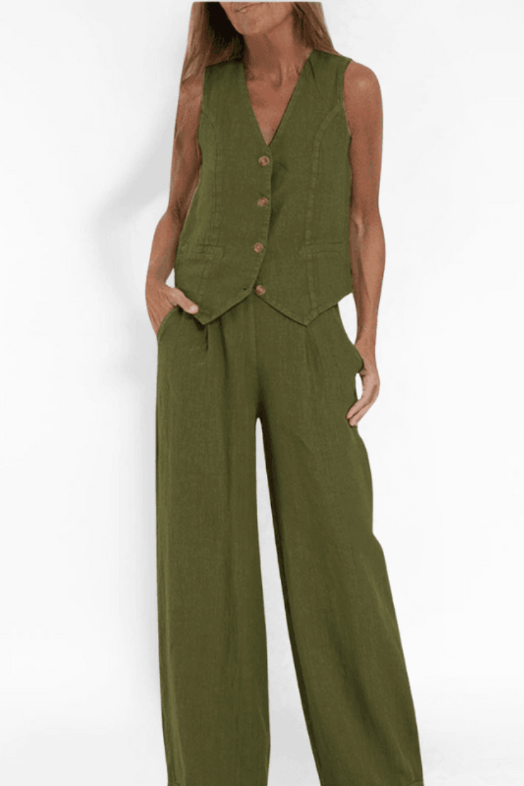 Wide Leg Pant Suit for women - Sleeveless Vest - High Waisted Pleated Pants - Image 2