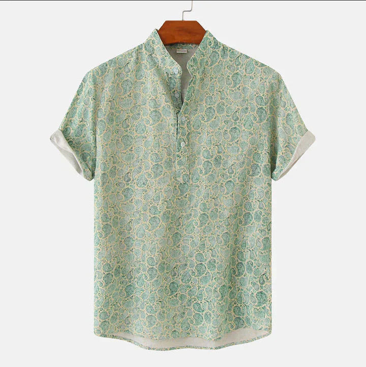 Printed Mandarin Collar Shirt for men - Short Sleeve Button-Down Casual - Image 1