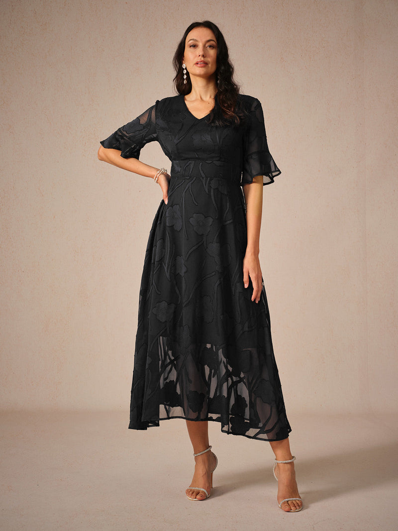Floral A-Line Midi Dress for women - V-Neck Ruffle Sleeve - Smocked Waist - Sheer - Image 1