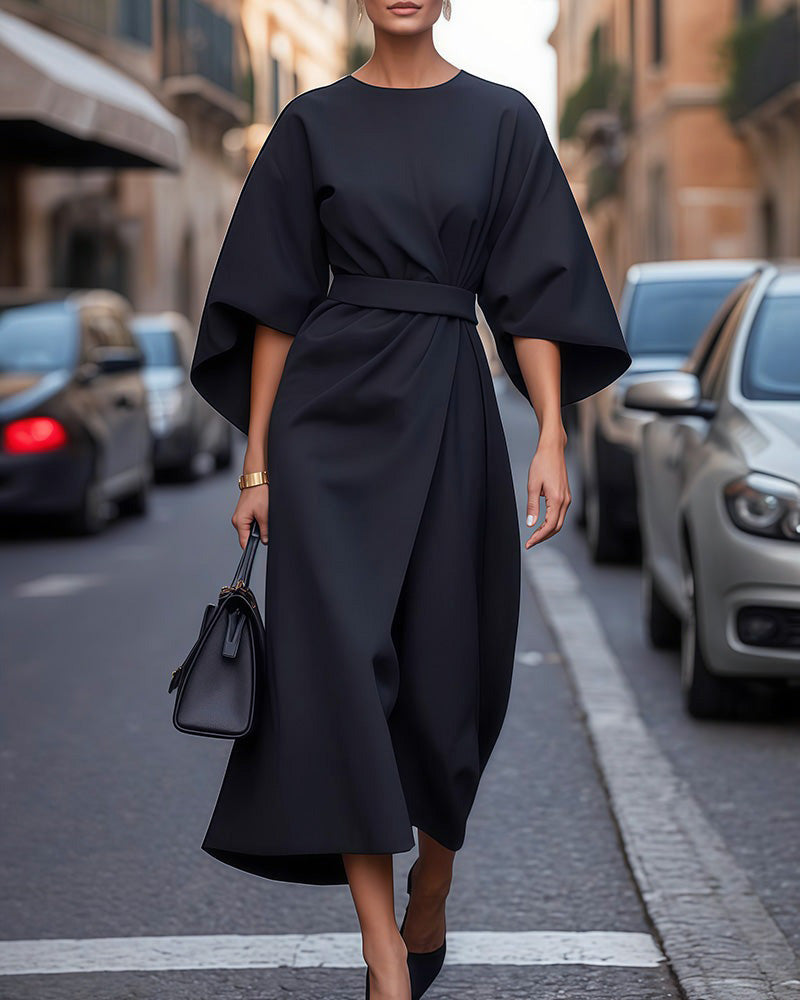 Wrap Midi Dress for women - Belted Draped - Kimono Sleeve Round Neck - Asymmetrical Hem - Image 1