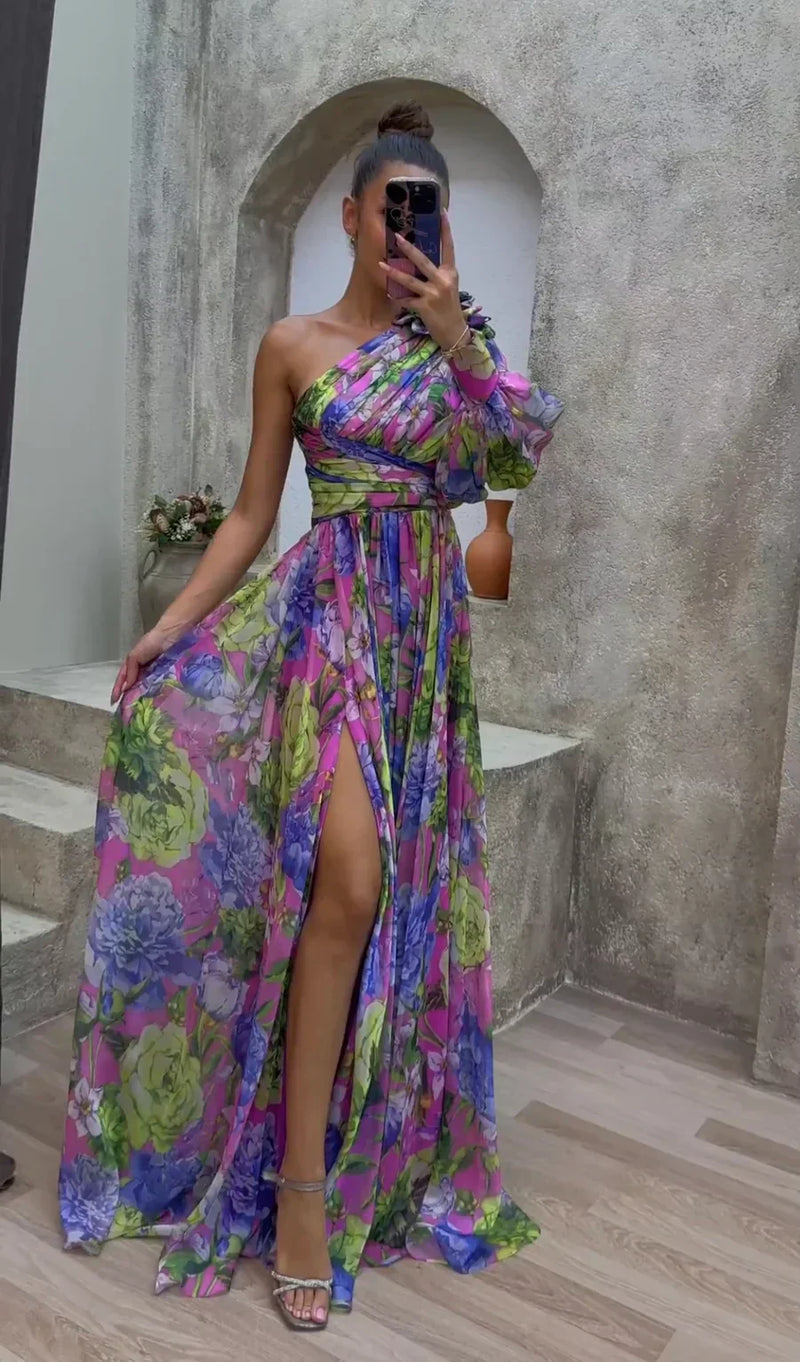 Floral One Shoulder Maxi Dress for Women - Slit Long Sleeve - Image 1