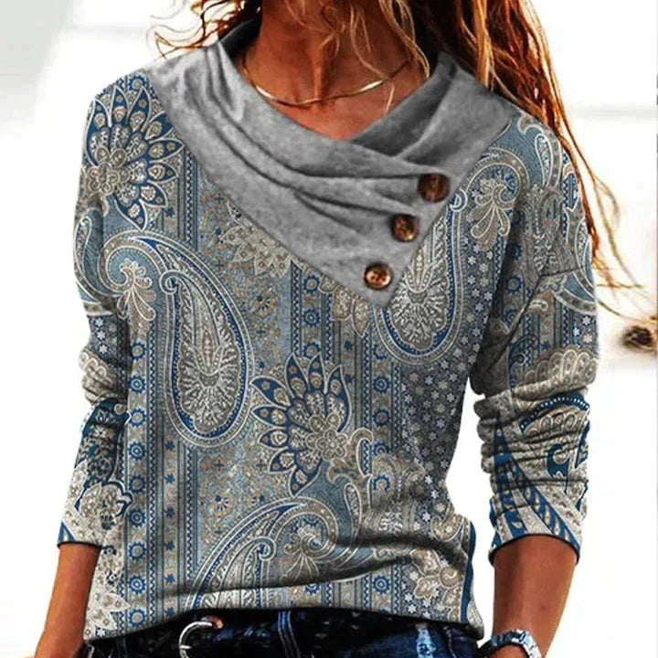 Printed Long Sleeve Blouse for Women - Cowl Neck - Image 1