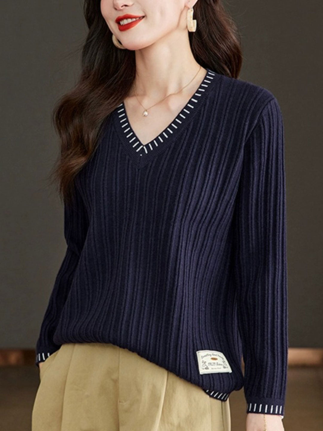 Ribbed V-Neck Sweater for Women - Crew Neck - Image 4