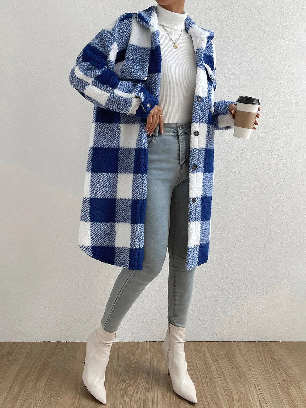 Plaid Long Coat for Women - Button Front - Image 3