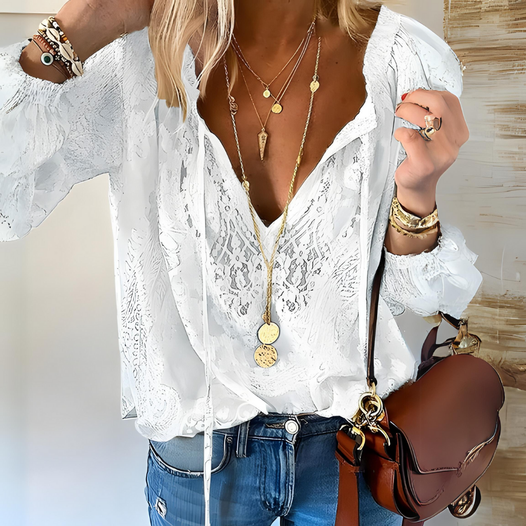 Lace Boho Blouse for women - Long Sleeve V-Neck Tie Neck - Relaxed Fit Ruffled Sleeve - Image 2