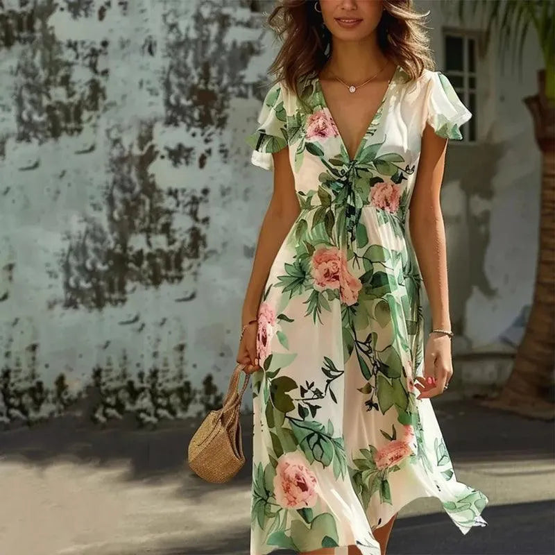 Floral Midi Dress for women - V-Neck Tie Front - Ruffle Sleeve A-Line - Image 1