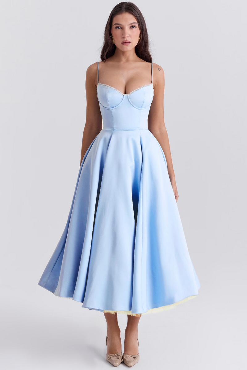 A-Line Midi Dress for Women - Spaghetti Strap Bustier Bodice - Image 1