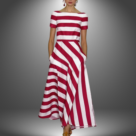 Striped A-Line Midi Dress for Women - Boat Neck Pockets - Image 1