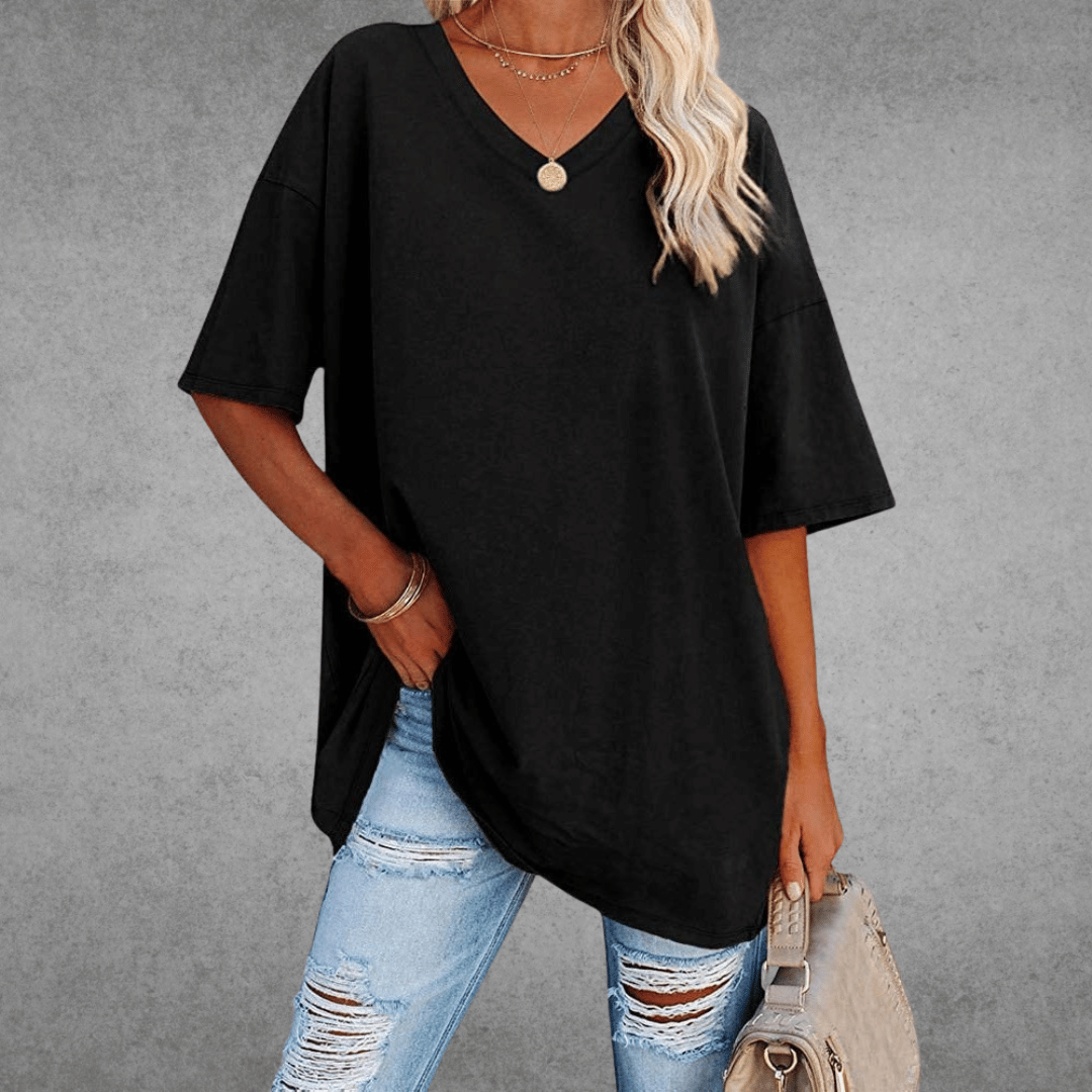 Oversized V-Neck T-Shirt for women - Short Sleeve Loose Fit - Tunic Length Casual - Image 1