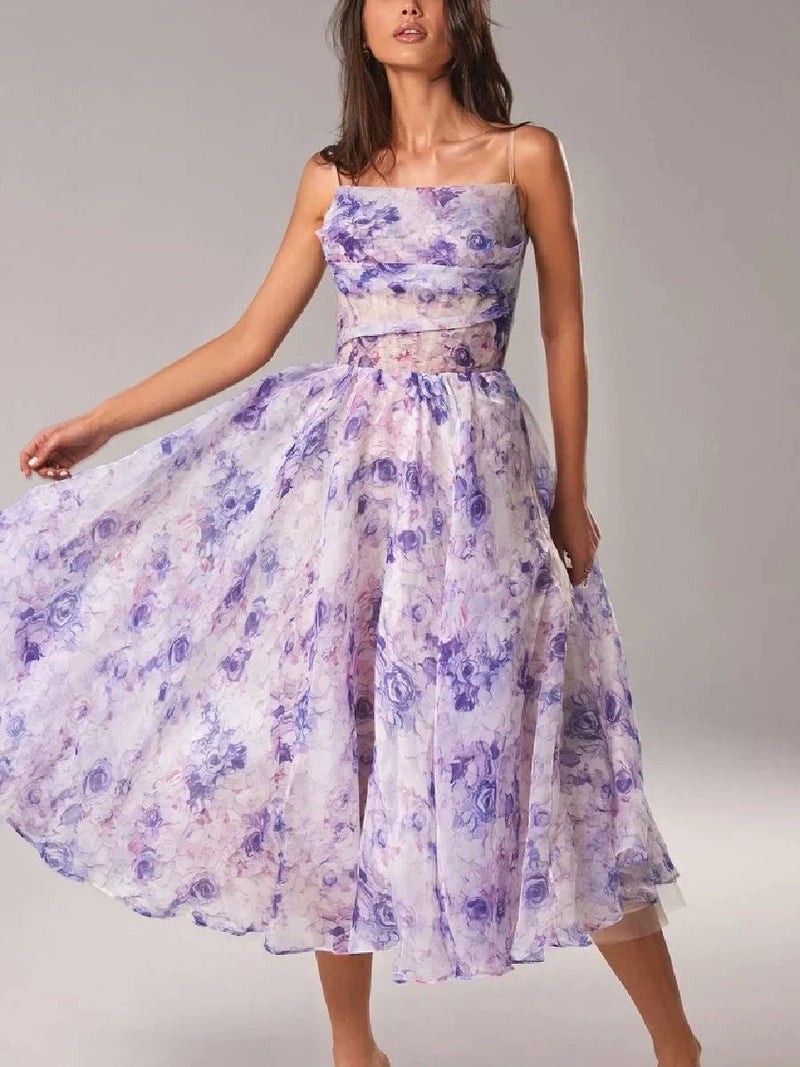 Floral A-Line Midi Dress for Women - Strapless Fit and Flare - Image 1