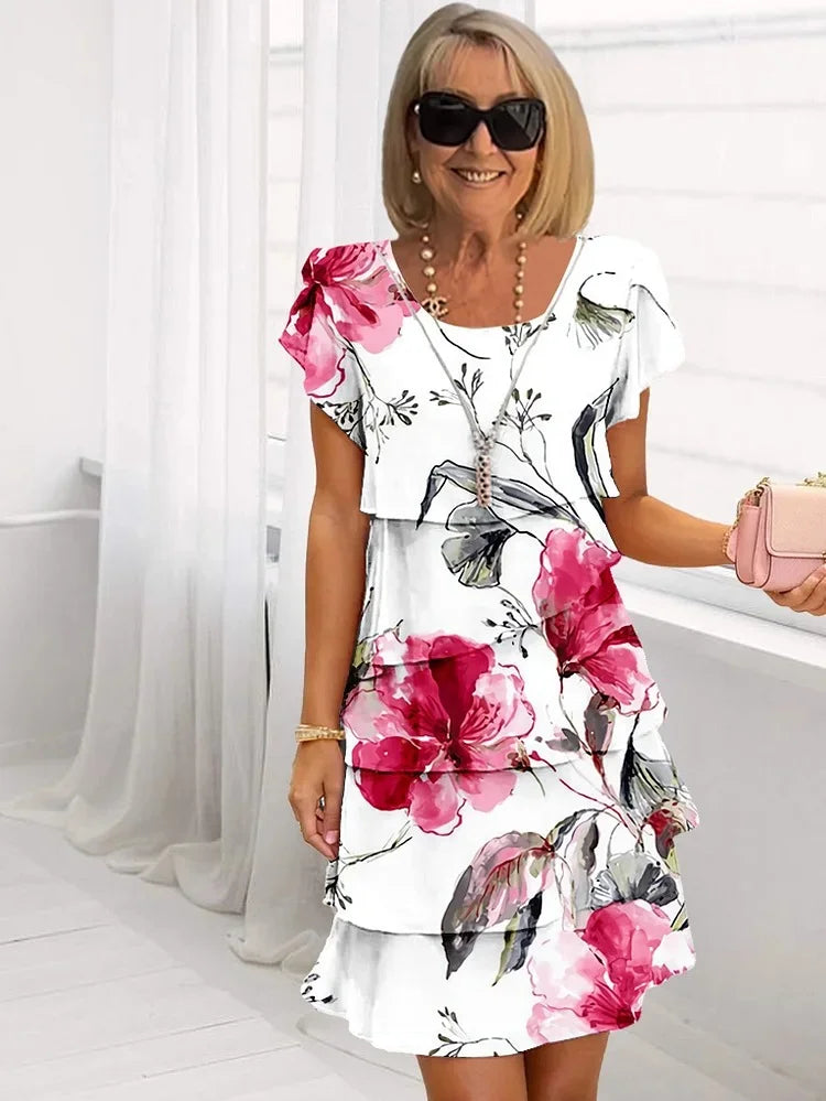Floral Ruffle Mini Dress for Women - Tiered A-Line - Image 1