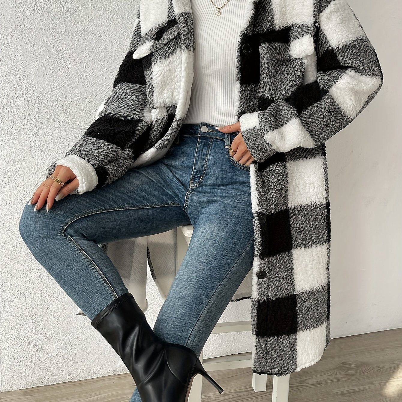 Plaid Long Coat for Women - Button Front - Image 2