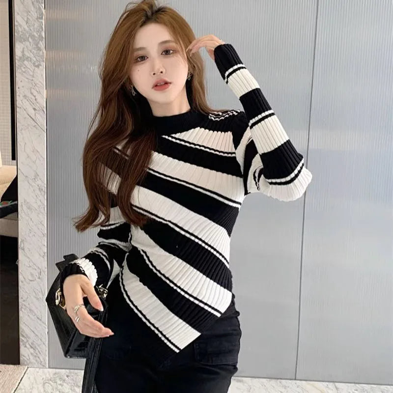 Striped Sweater for Women - Asymmetrical Hem - Image 2