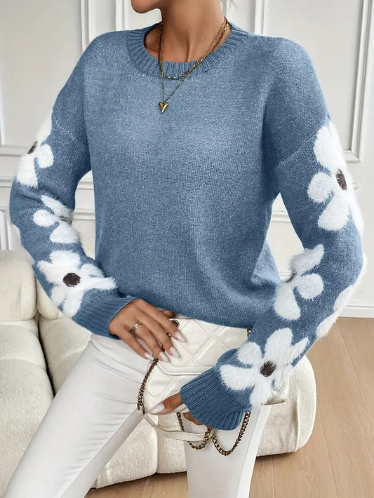 Floral Sleeve Sweater for Women - Crew Neck - Image 1