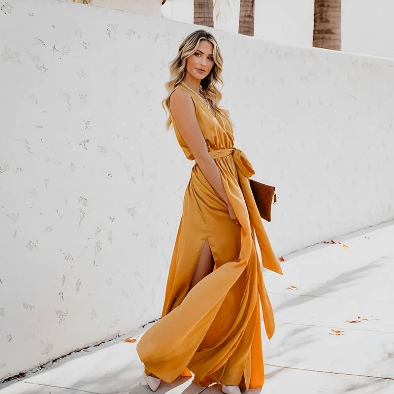 Maxi Dress for women - Belted Sleeveless - Slit Wrap Formal - Image 1