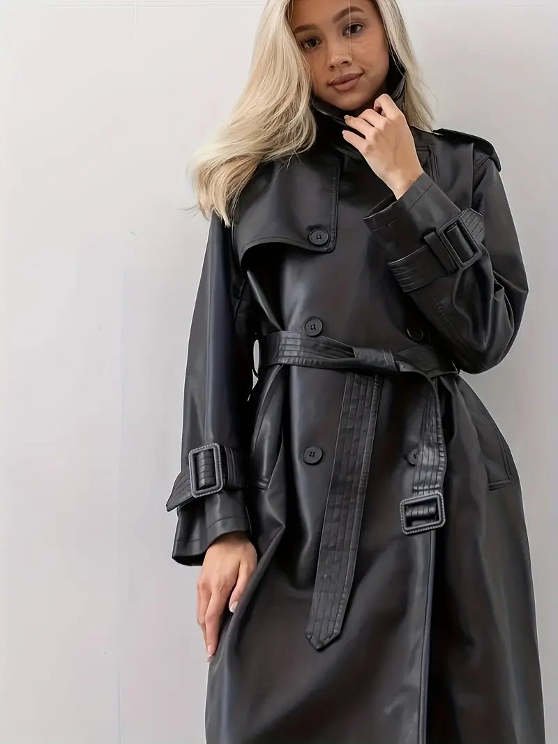 Leather Trench Coat for Women - Double-Breasted - Image 2