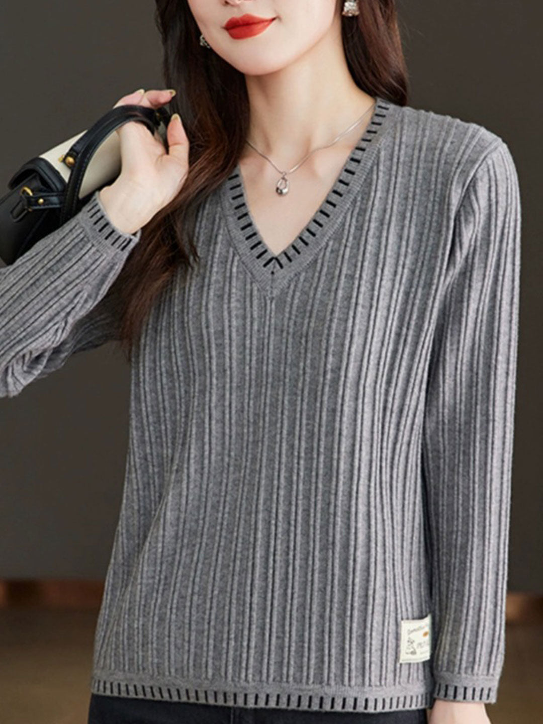 Ribbed V-Neck Sweater for Women - Crew Neck - Image 6