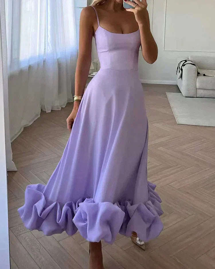 Spaghetti Strap A-Line Midi Dress for women - Ruffle Hem - Fitted Bodice Tea Length - Image 1