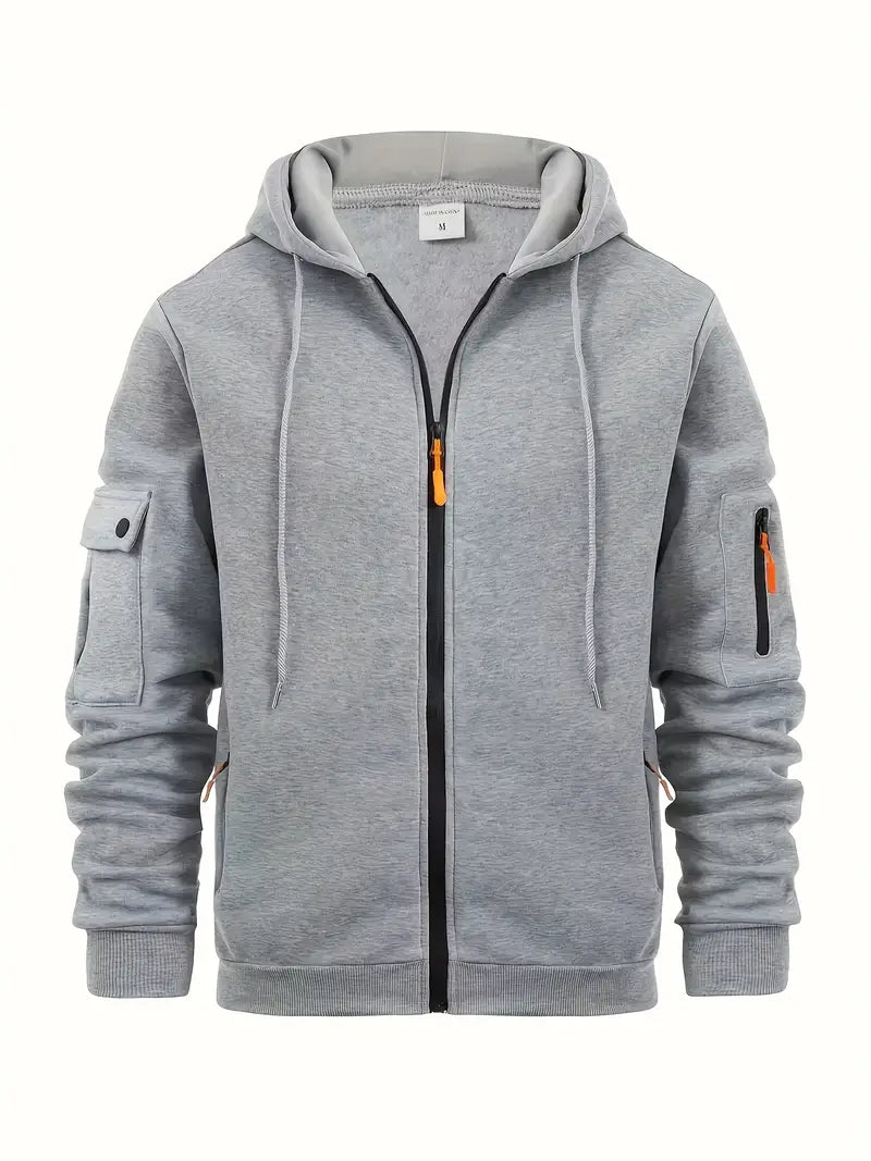 Full Zip Cargo Hoodie for Men - Drawstring Hood - Image 1