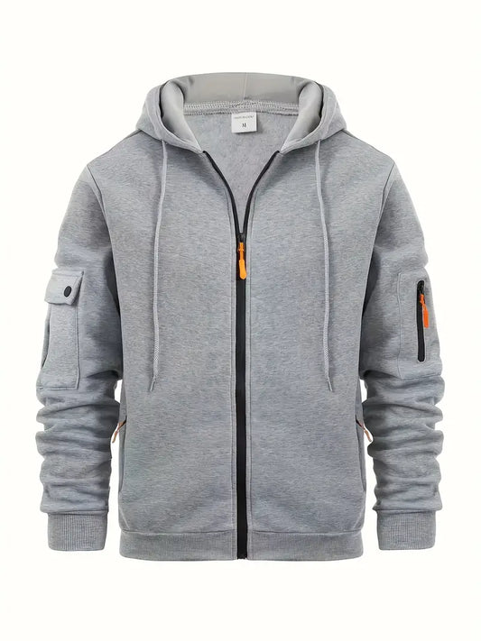Full Zip Cargo Hoodie for Men - Drawstring Hood - Image 1