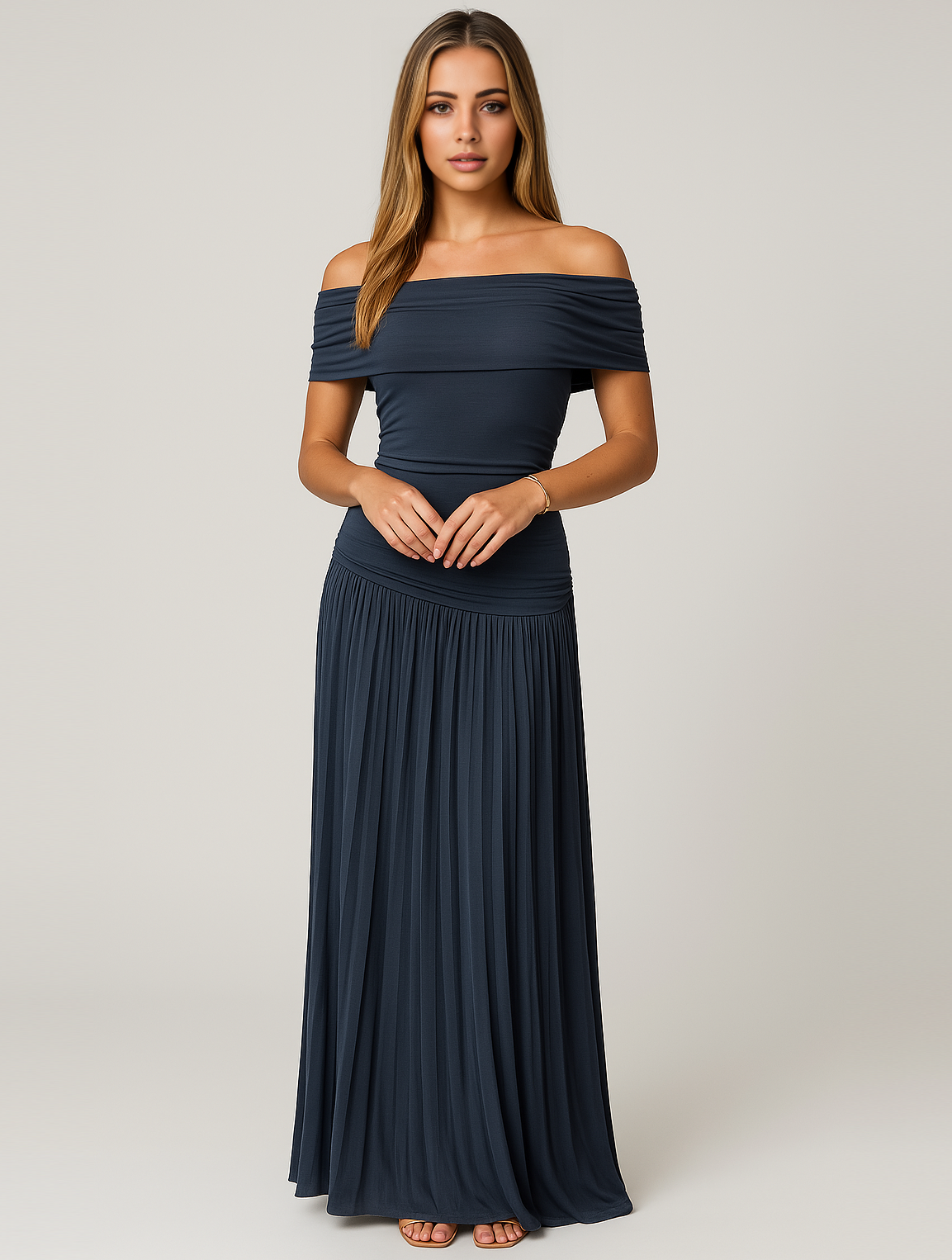 Off-the-Shoulder Pleated Maxi Dress for women - Fitted Bodice Ruched - Floor Length - Image 7