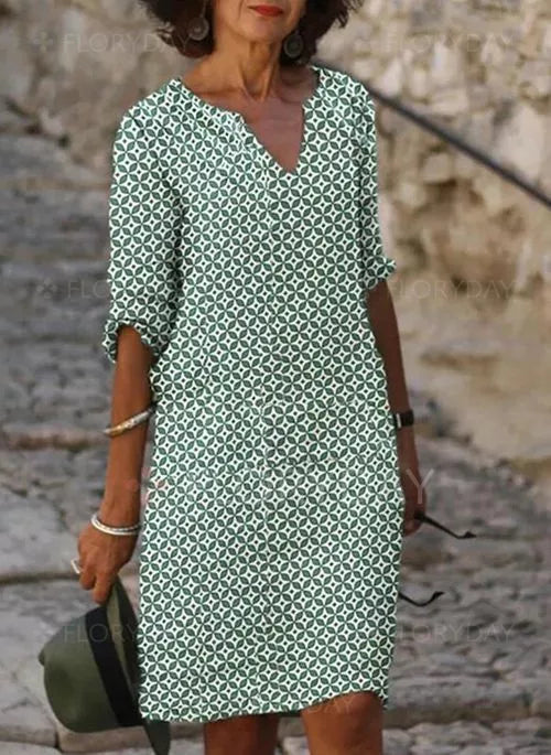 V-Neck Midi Dress for women - 3/4 Sleeve A-Line - Casual Button Front Print - Image 1