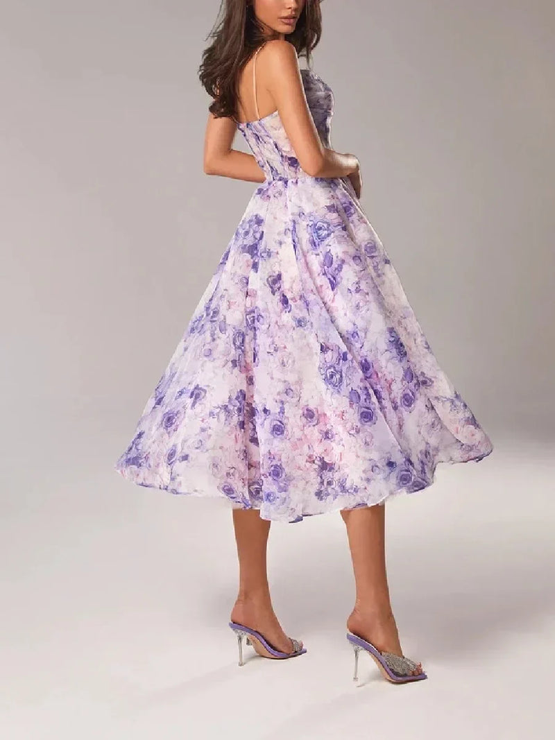 Floral A-Line Midi Dress for Women - Strapless Fit and Flare - Image 2