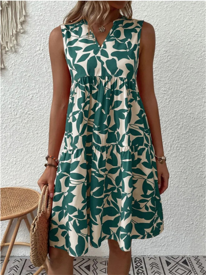 Tiered A-Line Dress for women - V-Neck - Sleeveless Knee Length - Floral Print - Image 1