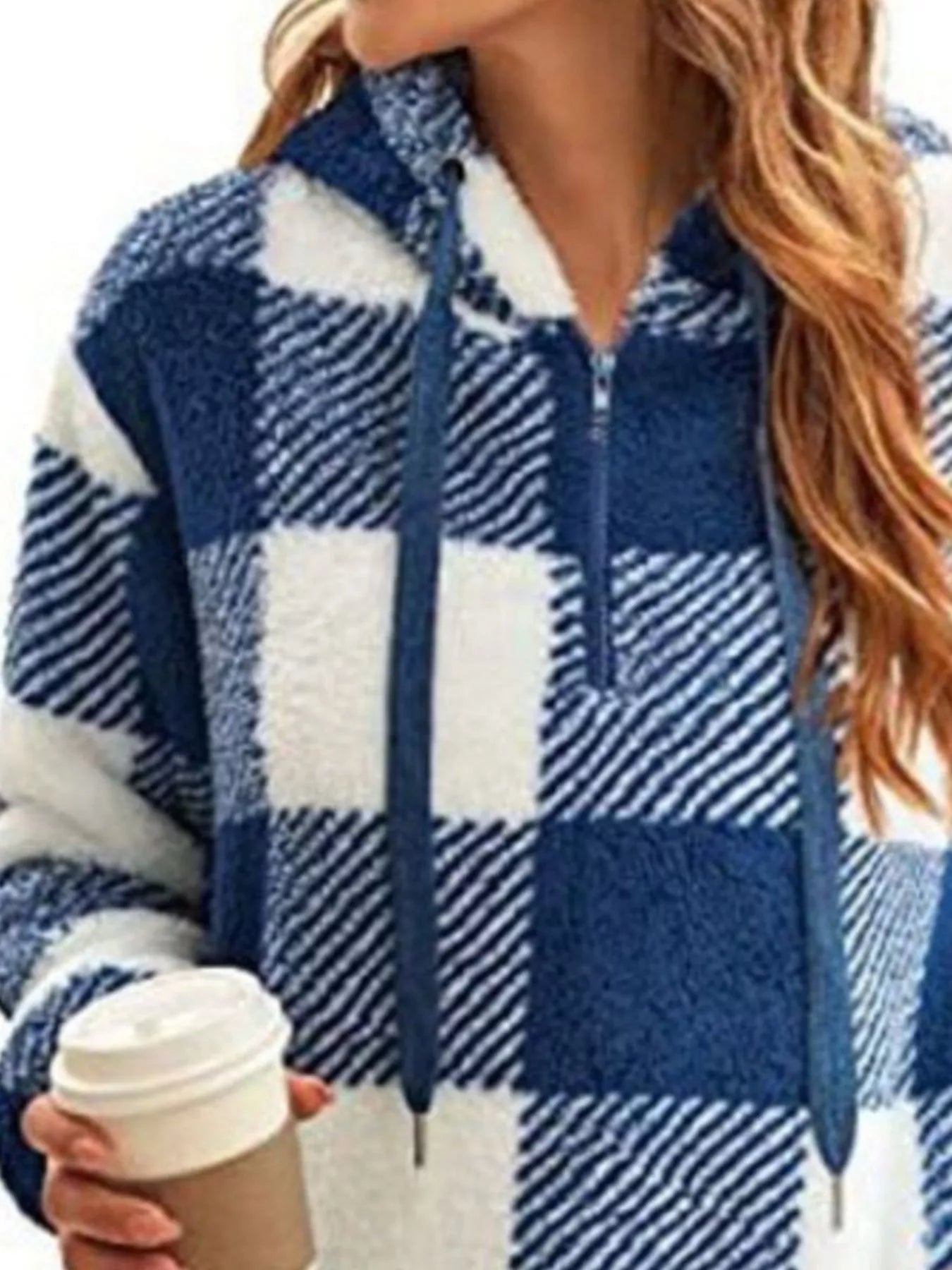 Plaid Hooded Pullover for Women - Half-Zip - Image 3