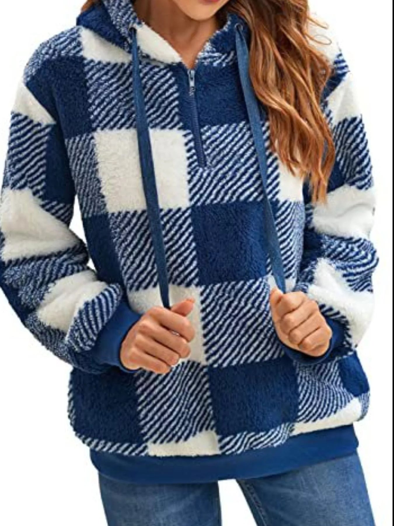 Plaid Hooded Pullover for Women - Half-Zip - Image 2