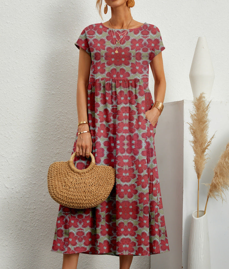 Floral Midi Dress for Women - Short Sleeve Round Neck - Empire Waist Pockets - Image 1