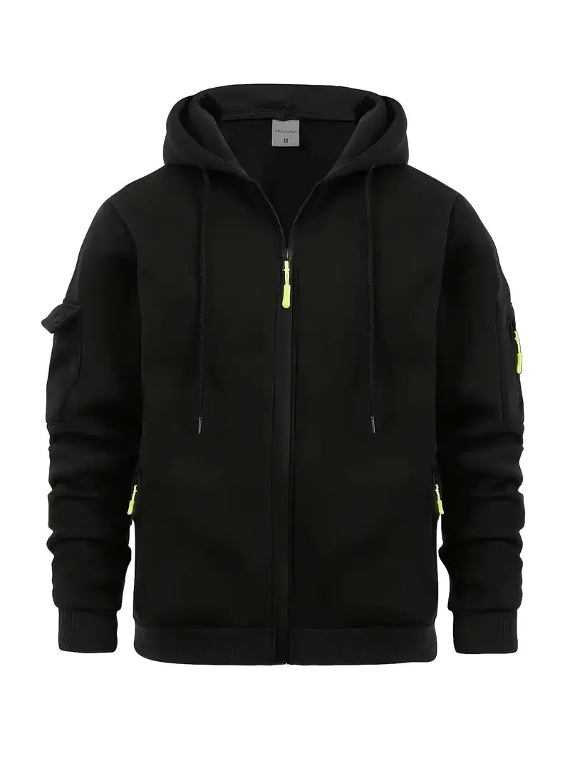 Full Zip Cargo Hoodie for Men - Drawstring Hood - Image 4