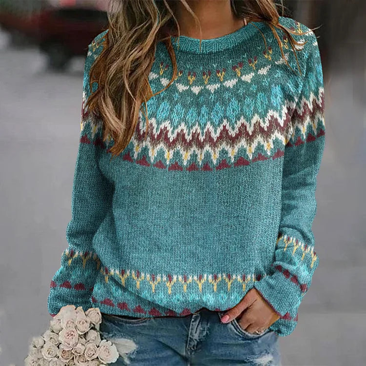 Crew Neck Fair Isle Sweater for Women - Long Sleeve - Image 1