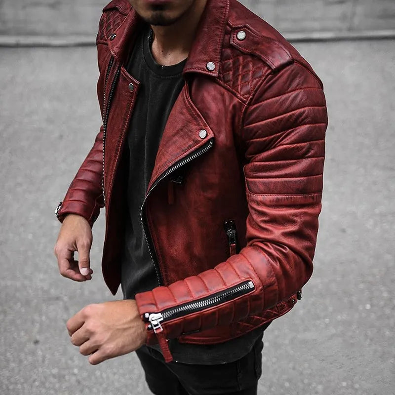 Leather Biker Jacket for Men - Quilted Shoulders - Image 1