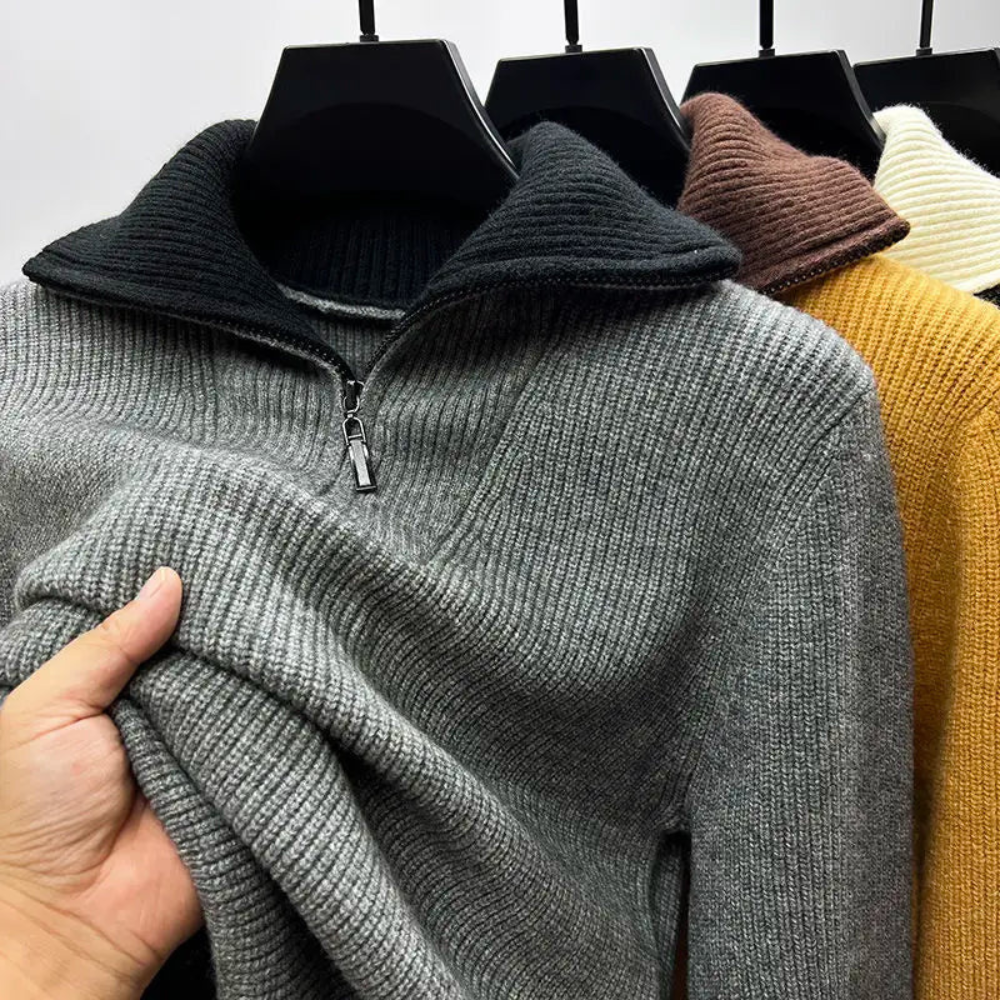 Ribbed Knit Quarter-Zip Sweater for Men - Color Block - Image 2
