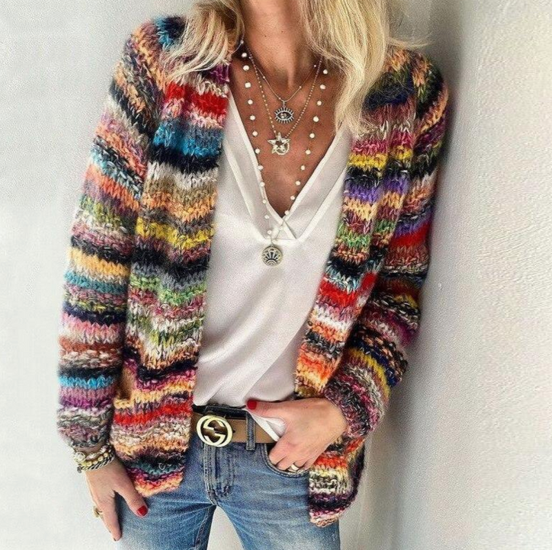 Striped Open Front Cardigan for Women - Long Sleeve - Image 1