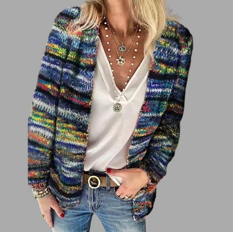 Striped Open Front Cardigan for Women - Long Sleeve - Image 2