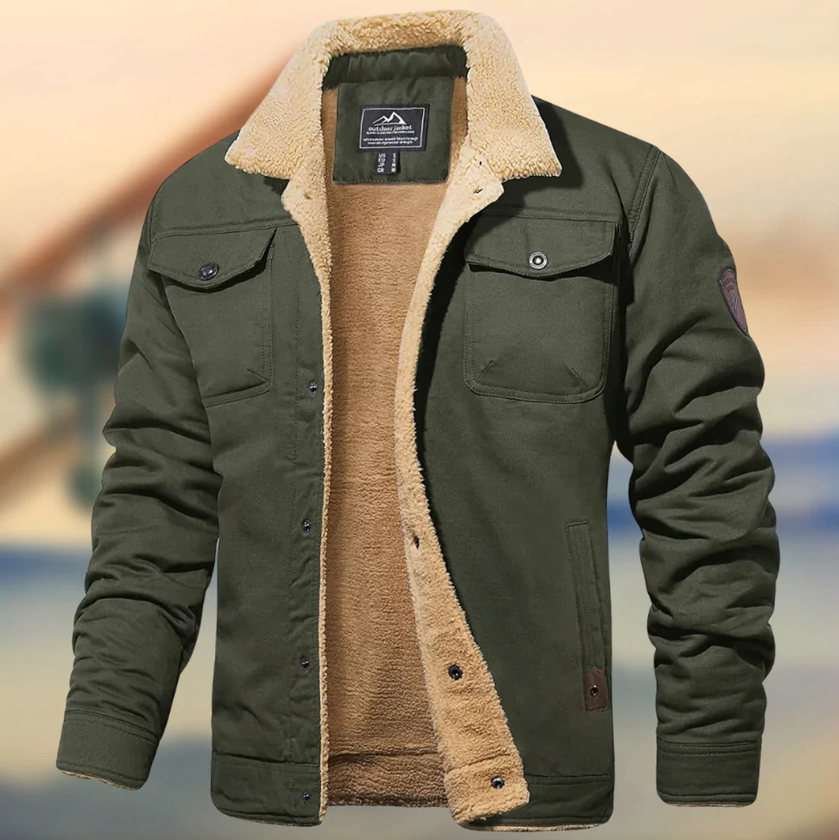 Sherpa Collar Button-Down Jacket for Men - Cargo Pockets - Image 1