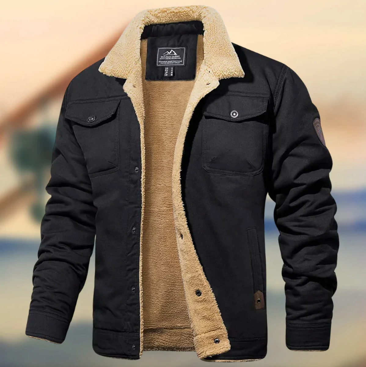 Sherpa Collar Button-Down Jacket for Men - Cargo Pockets - Image 2