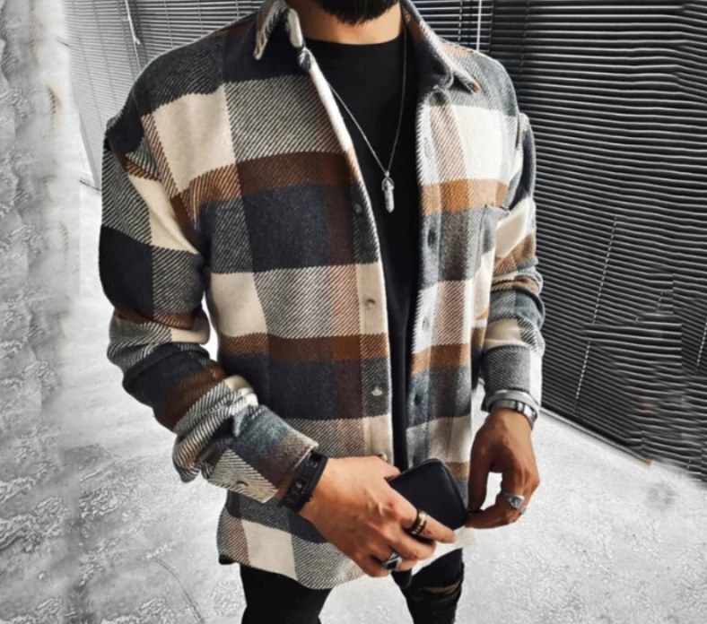 Plaid Button-Down Jacket for Men - Chest Pocket - Image 4