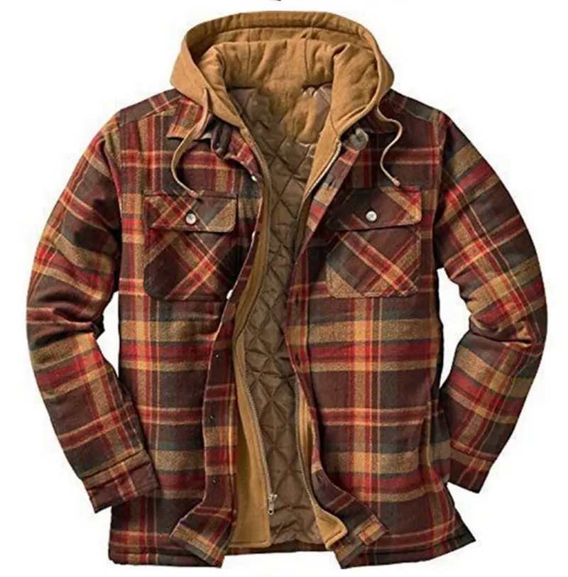 Checkered Hooded Coat for Men – Cotton-Padded, Loose Fit
