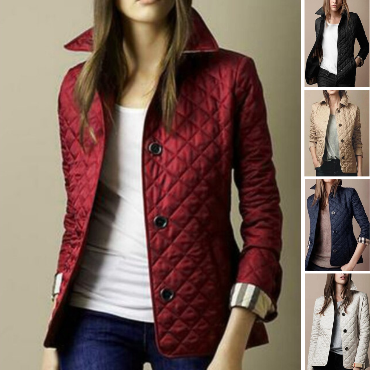 Quilted Collar Jacket for Women - Button-Down Hip Length - Image 1