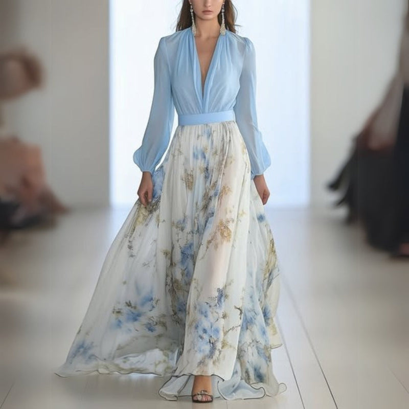 Floral Maxi Dress for Women - Long Sleeve V-Neck - Image 1