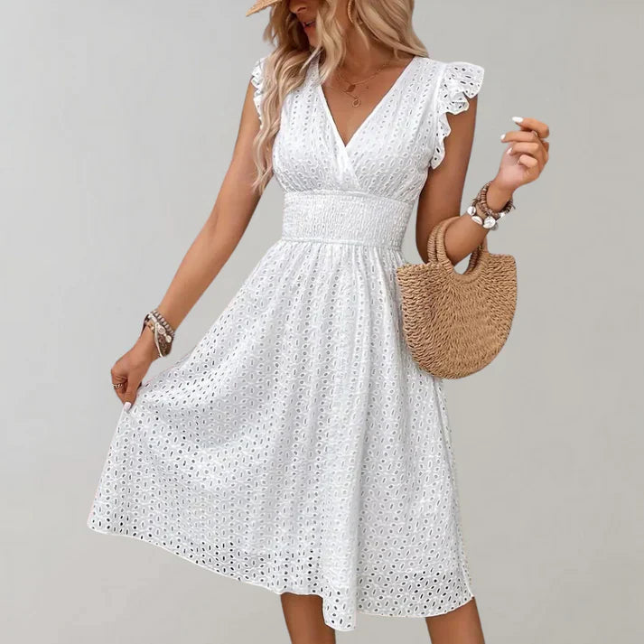A-Line Midi Dress for women - Eyelet V-Neck - Ruffle Sleeve Smocked Waist - Image 1