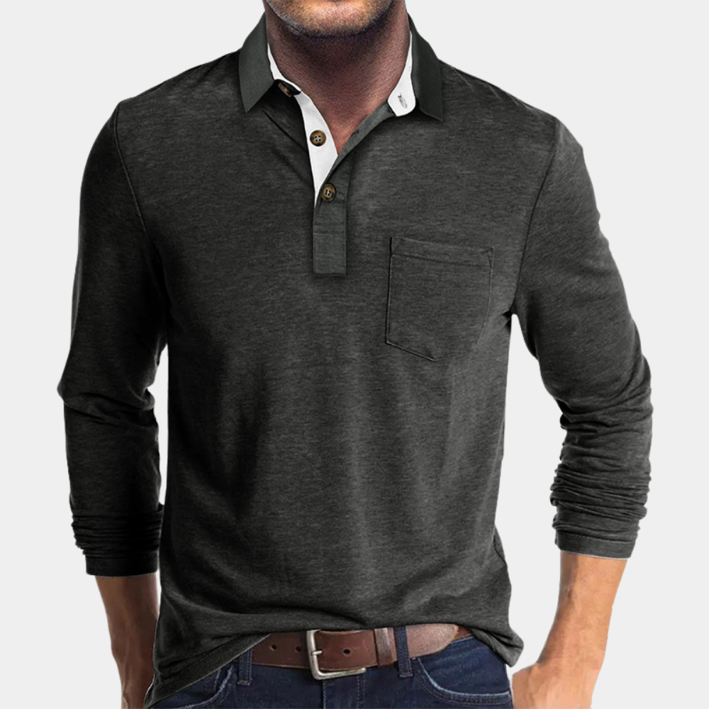 Long Sleeve Polo Shirt for Men - Pocket - Image 4